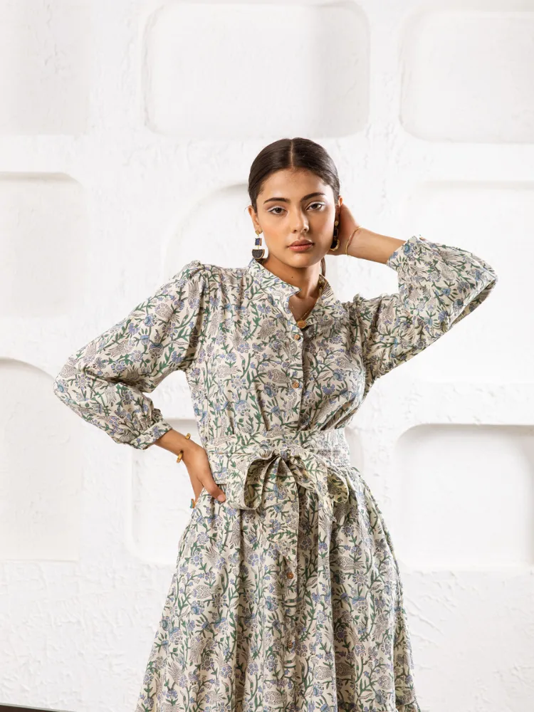 Abbey Garden Dress- Hand Block Printed Midi Dress