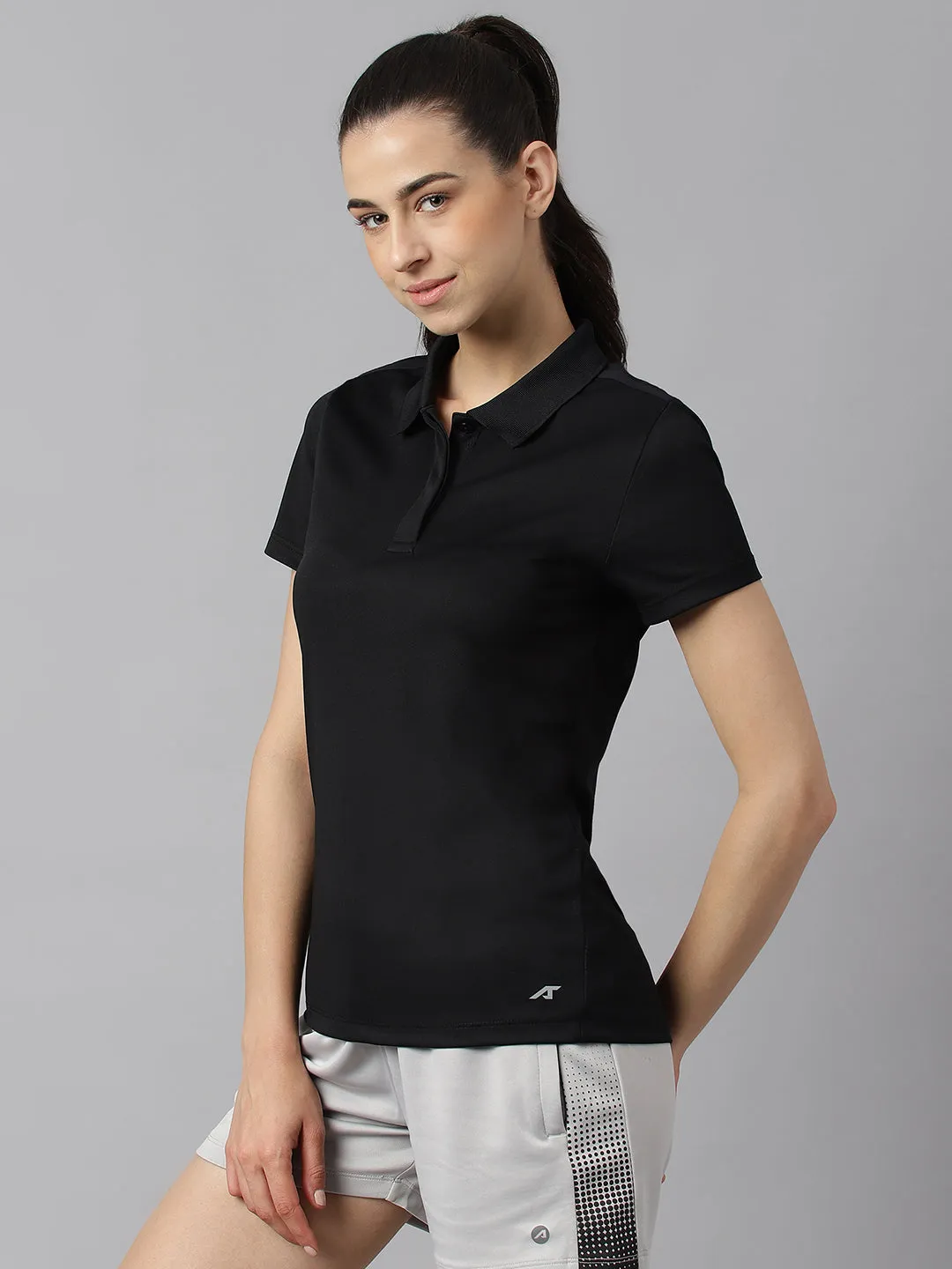 Alcis Women Black Anti-Static Soft-Touch Slim-Fit Training Polo Wonder T-Shirt