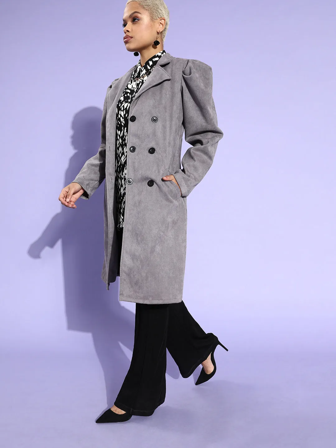 Athena Grey Trench coat with puff sleeves  and pocket details