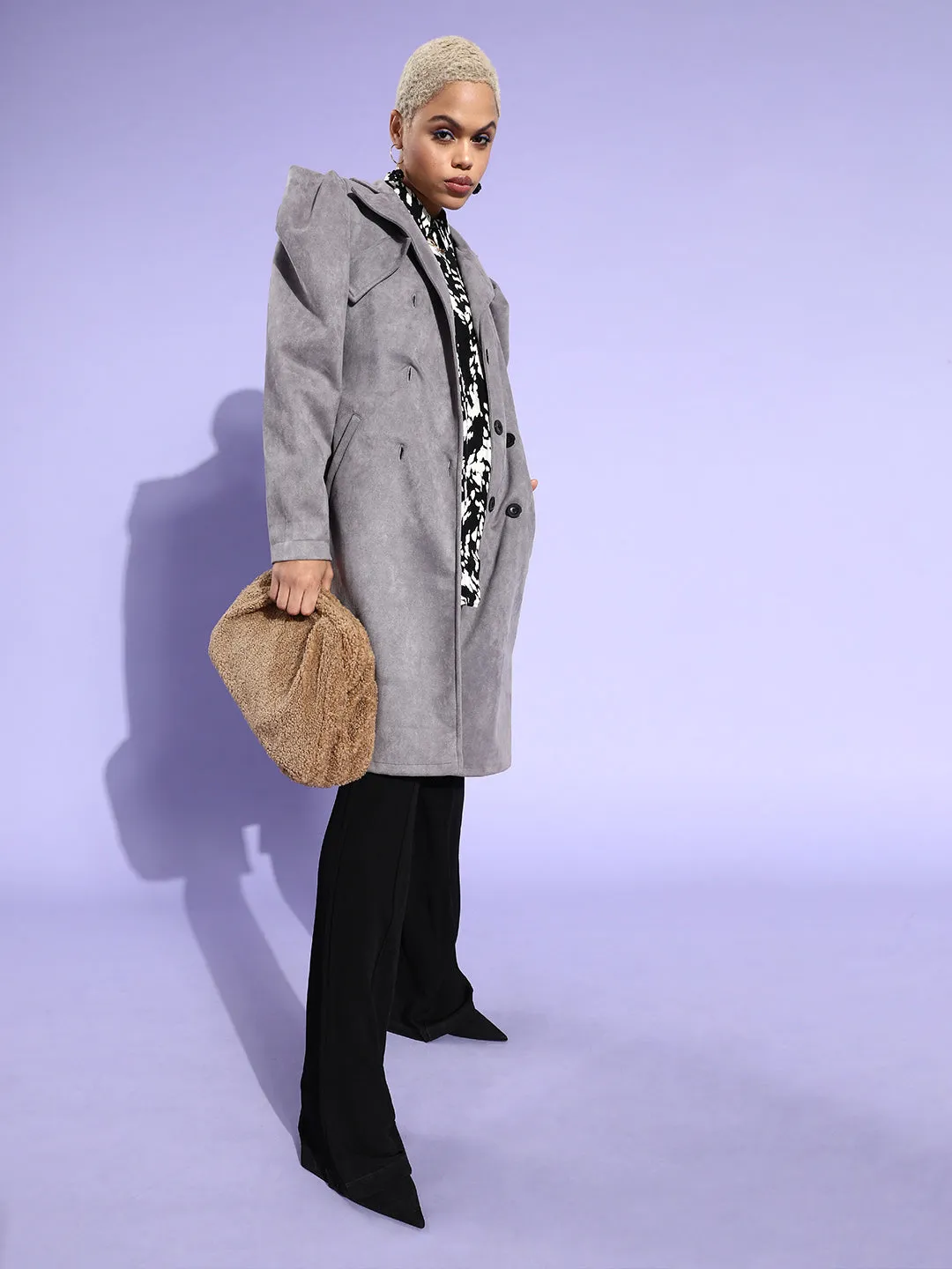 Athena Grey Trench coat with puff sleeves  and pocket details