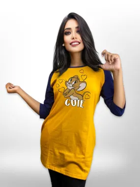 Cute Love Jerry Printed Long T-shirt Raglan Sleeve Side Pocket For Women's