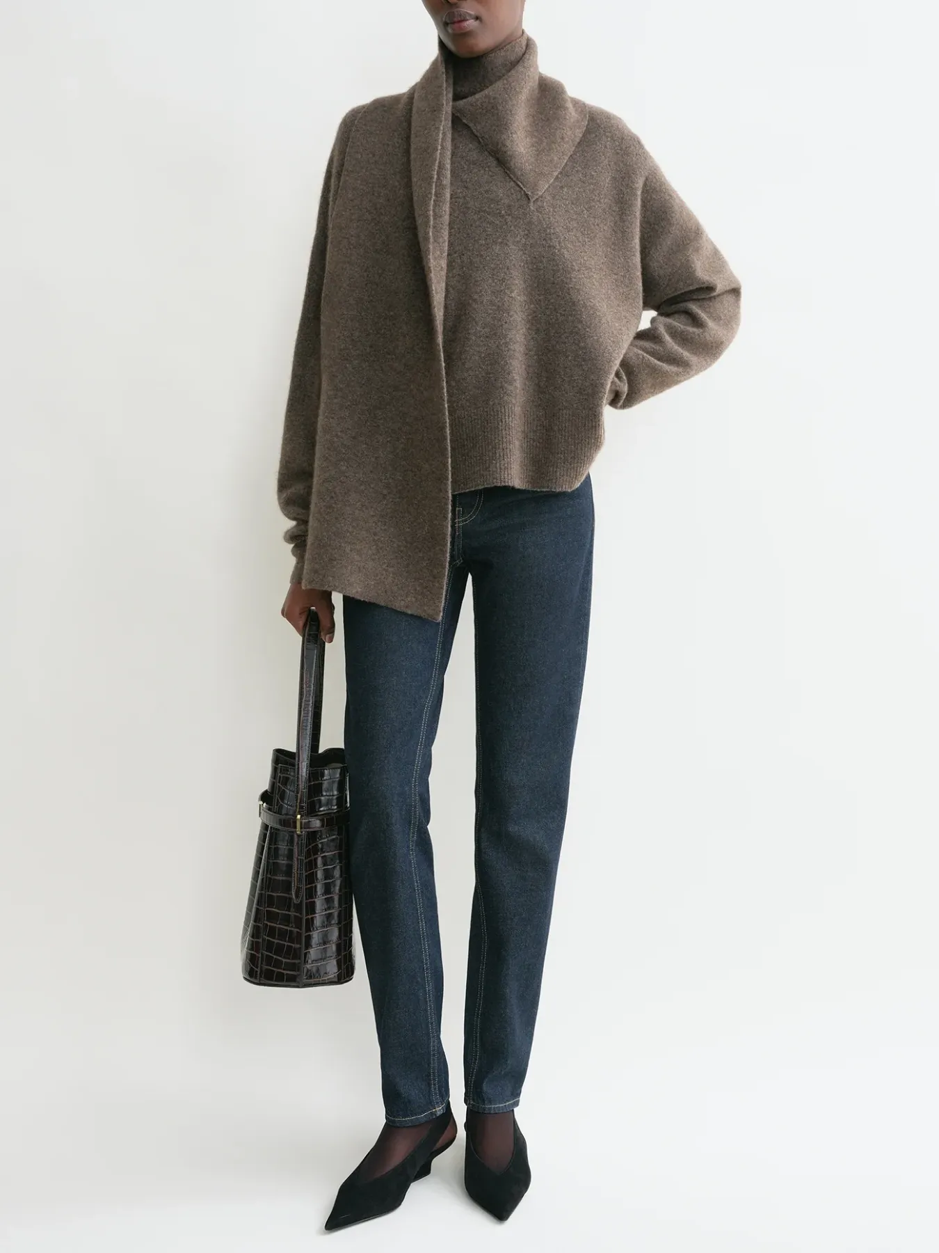 Draped Scarf Knit Sweater - Truffle