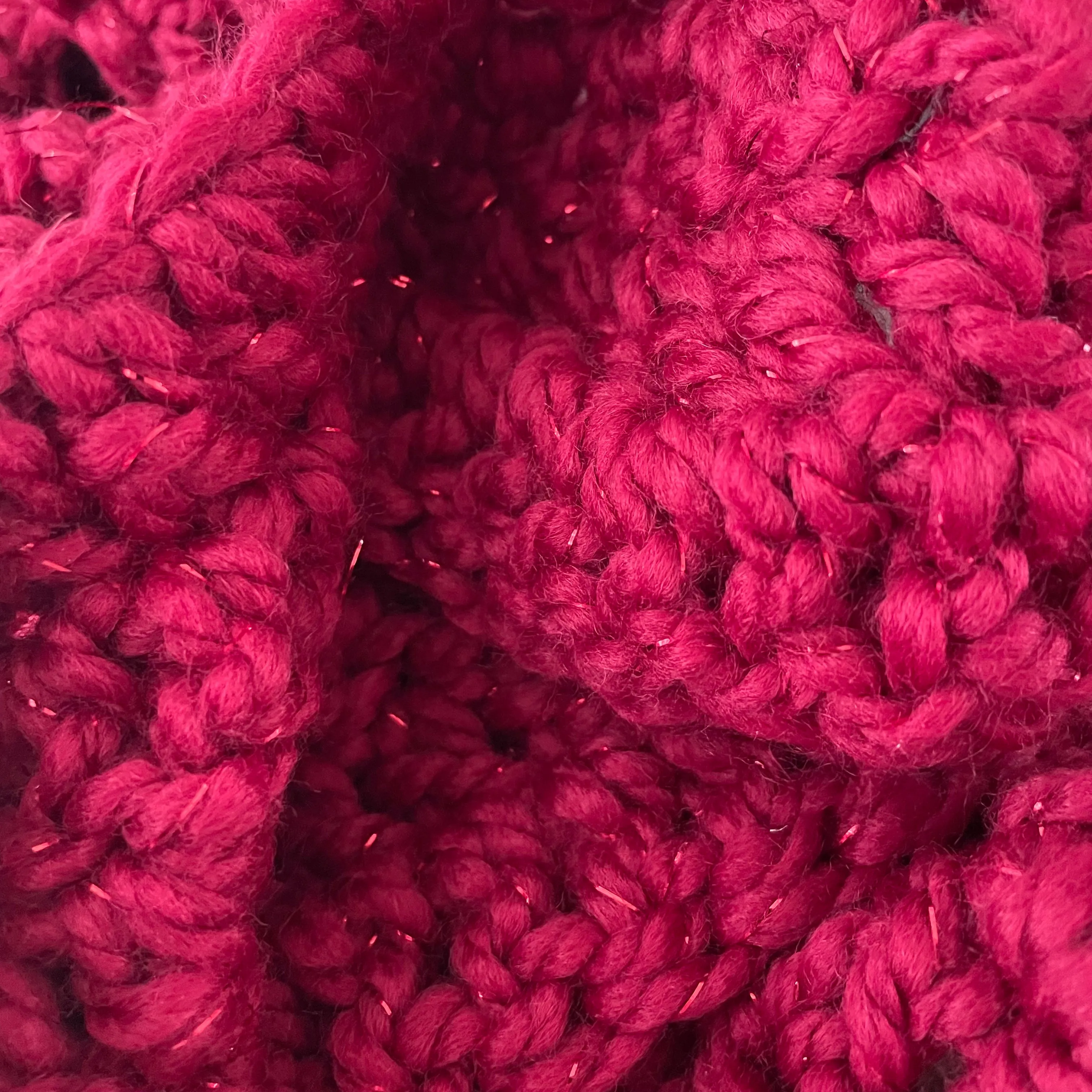 Extra Warm Crochet Knit Chunky Ruffled Scarf Hand Crafted Marbled Red Wine Maroon Metallic Accent Flirty Fall Winter