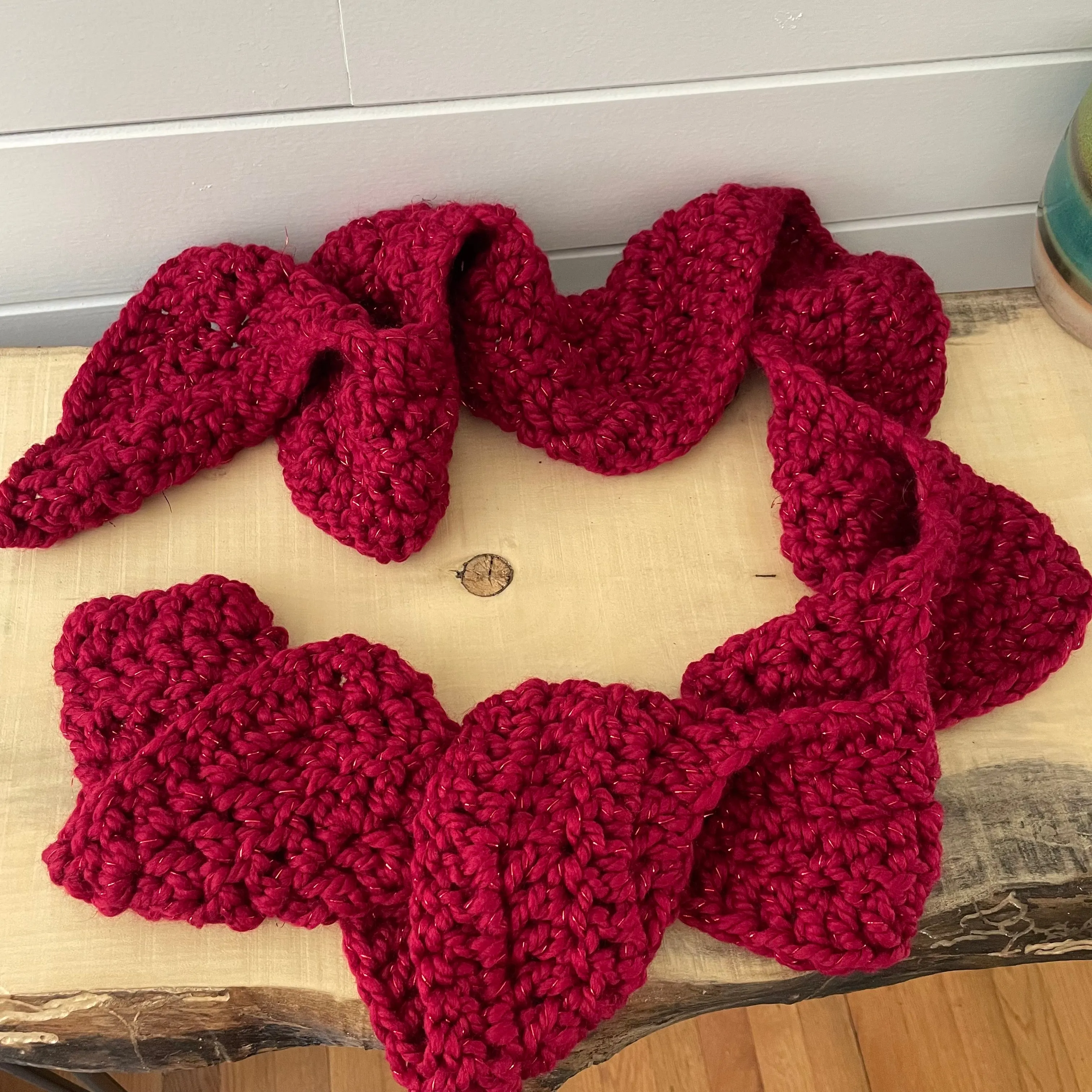 Extra Warm Crochet Knit Chunky Ruffled Scarf Hand Crafted Marbled Red Wine Maroon Metallic Accent Flirty Fall Winter