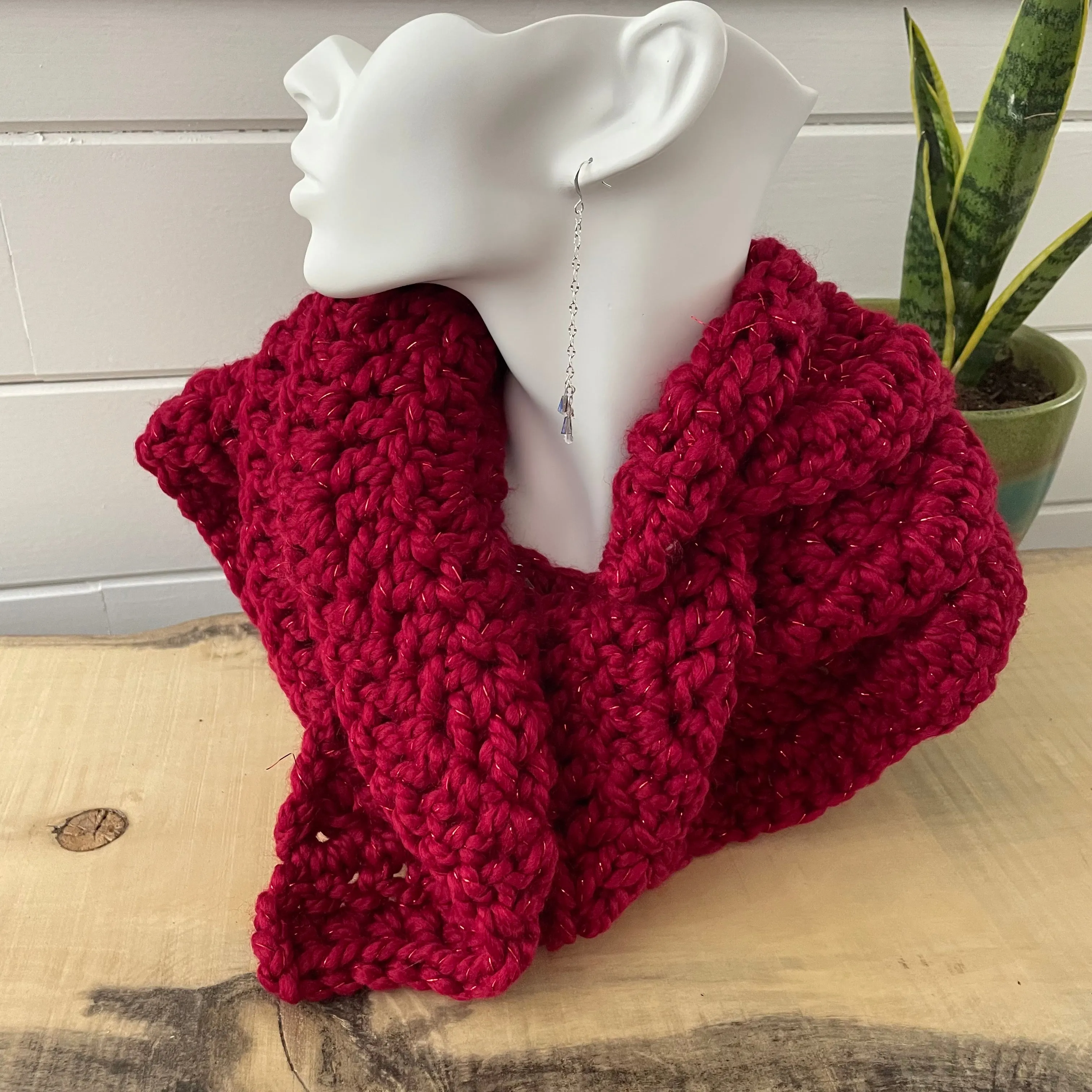 Extra Warm Crochet Knit Chunky Ruffled Scarf Hand Crafted Marbled Red Wine Maroon Metallic Accent Flirty Fall Winter