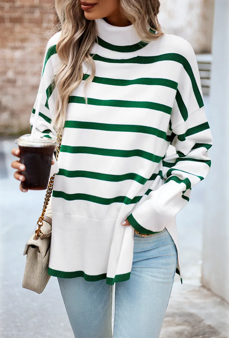 Green Turtleneck Striped Long Sleeve Knitted Pullover