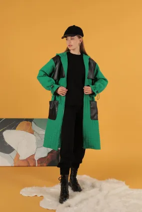 KKT Leather Fabric Jacquard Women's Trench Coat-Green - Medford