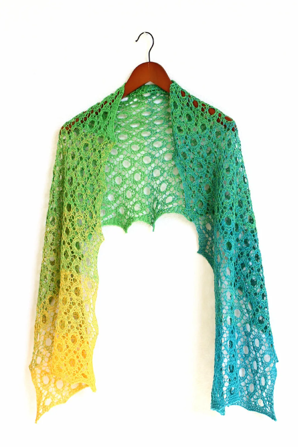 Knit shawl in gradient yellow, green and teal colors, knitted wrap, gift for her