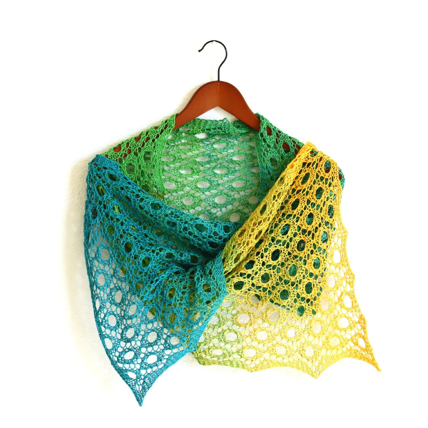 Knit shawl in gradient yellow, green and teal colors, knitted wrap, gift for her