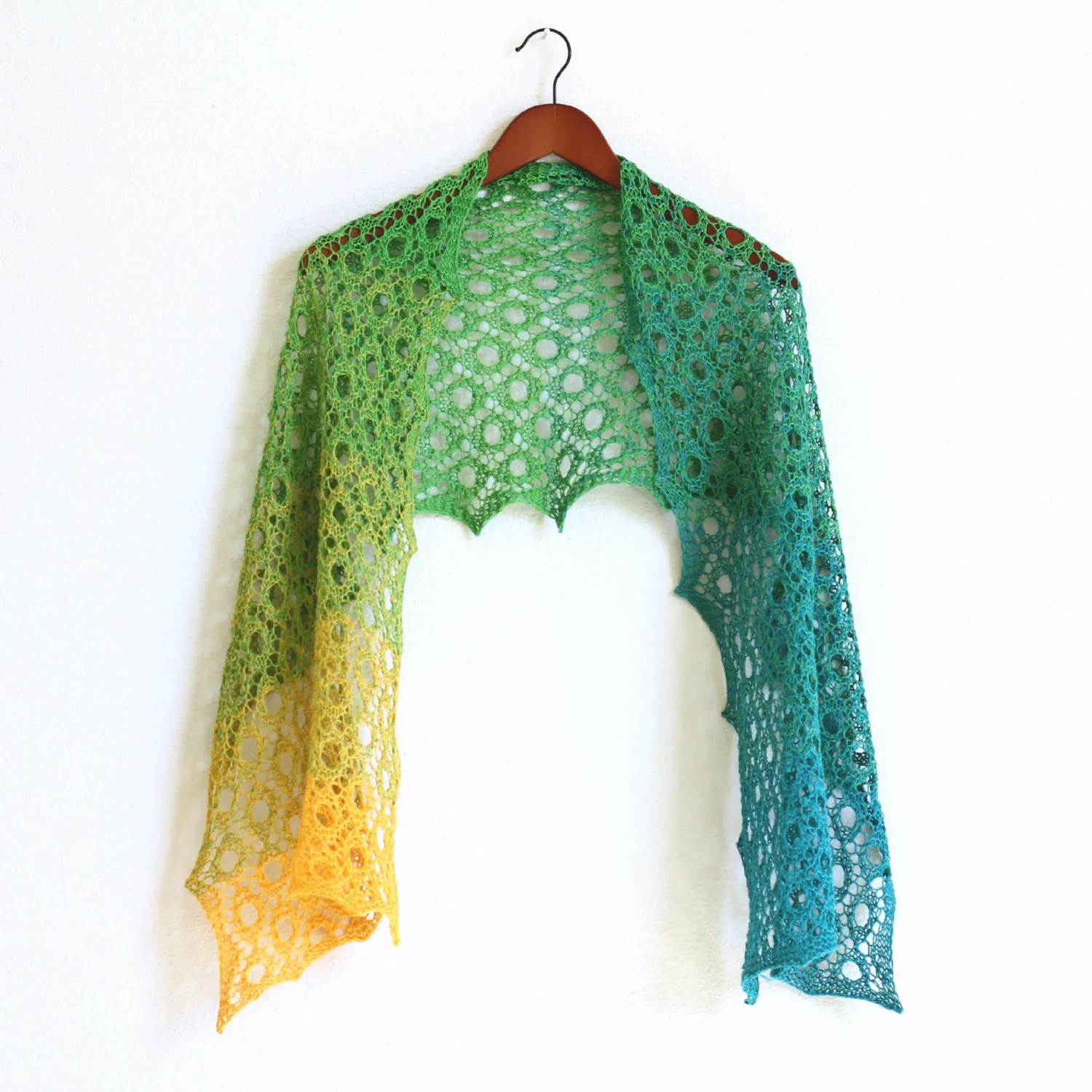 Knit shawl in gradient yellow, green and teal colors, knitted wrap, gift for her