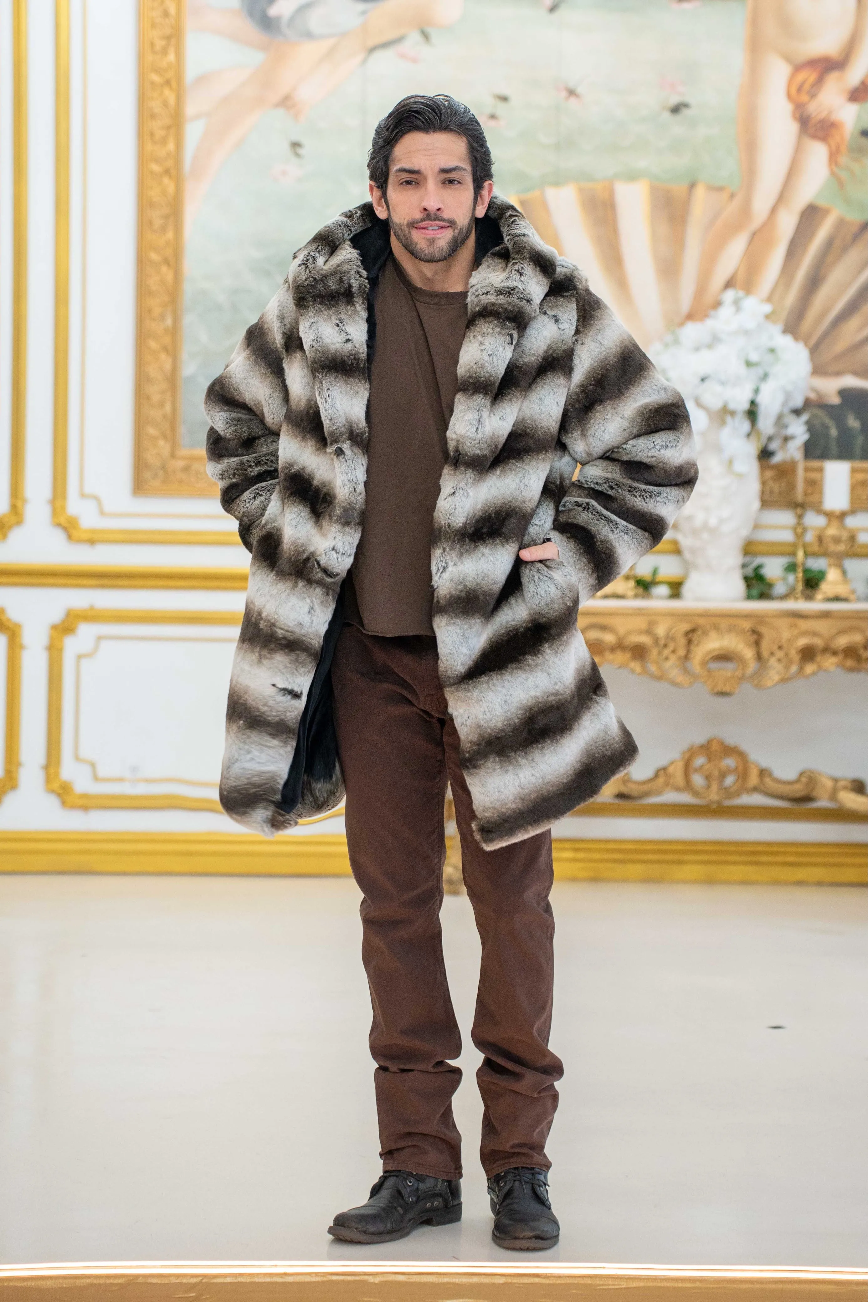 Men's Short Playa Coat in "Silver Brown Stripe Chinchilla"