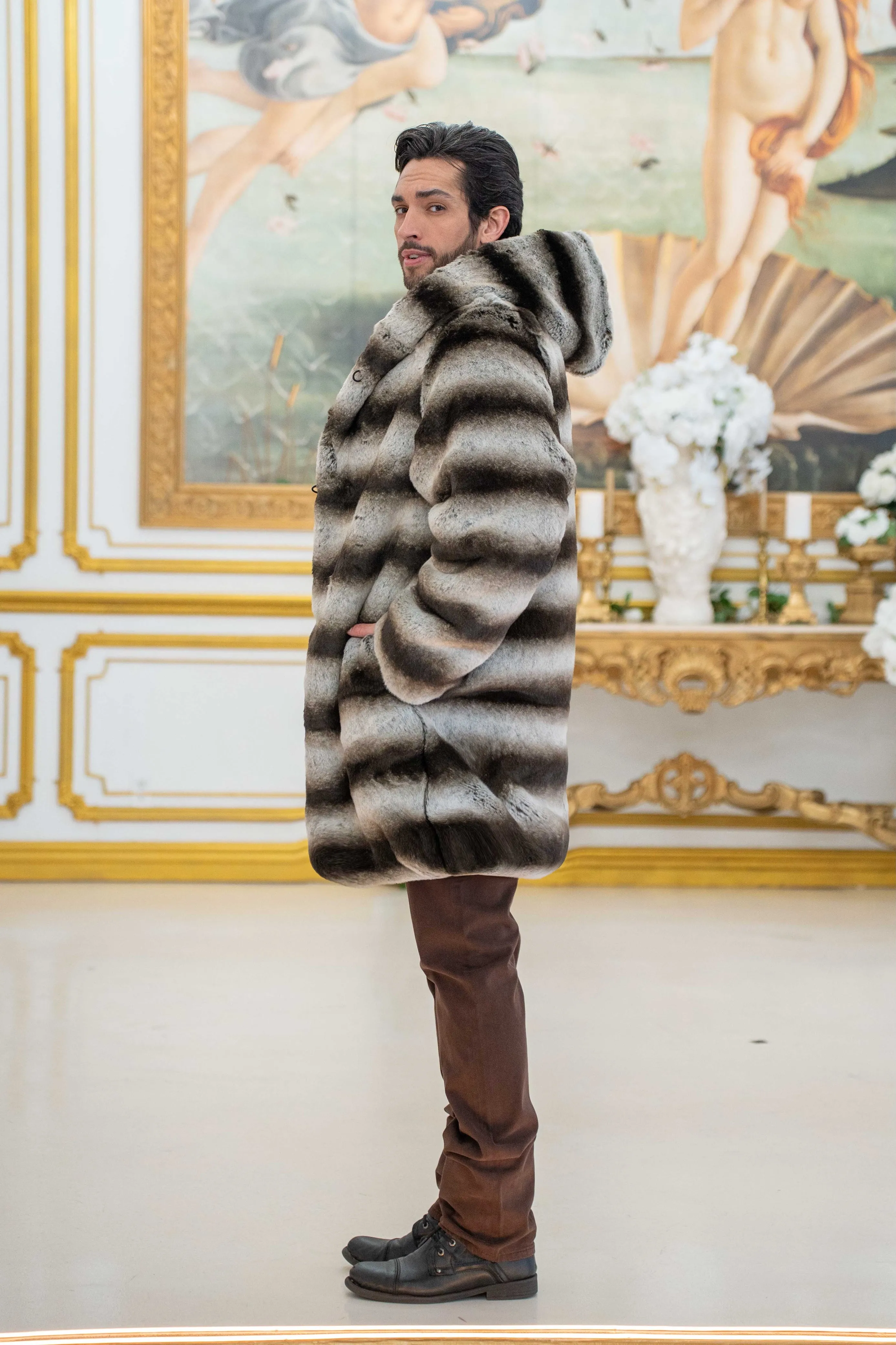 Men's Short Playa Coat in "Silver Brown Stripe Chinchilla"