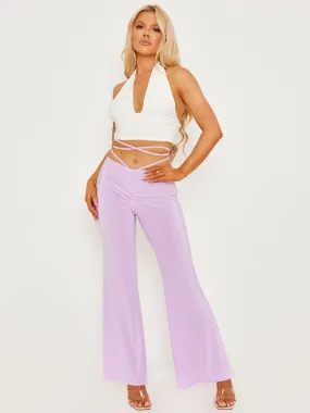 Micia Slinky Ruched Tie Waist Wide Leg Trousers In Lilac