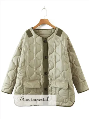 Women Green Quilted Autumn Winter Oversize Long Sleeve Coat