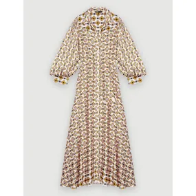 Women Printed Satin Shirt Dress - Tiles Ecru Background