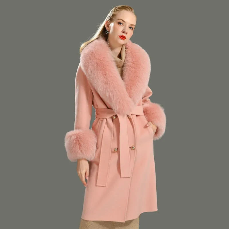 Women's Woolen Coat with Natural Fur Collar