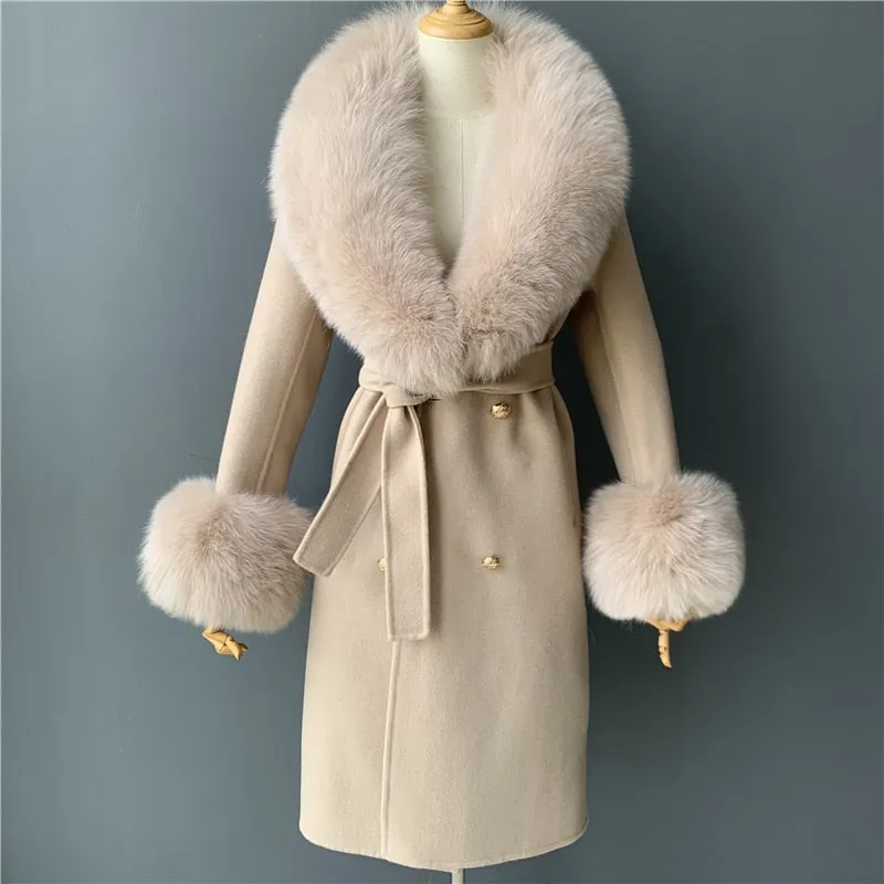 Women's Woolen Coat with Natural Fur Collar