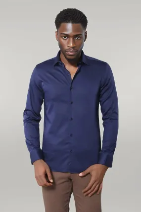 WSS Cotton Satin Slim Fit Navy Blue Men Shirt  - Singen